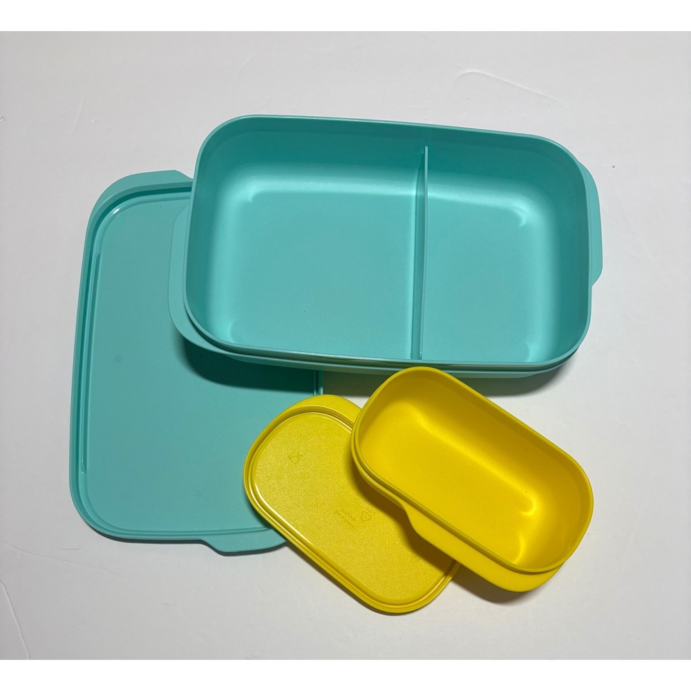 Tupperware Divided Lunch Box Set- Turquoise Green and Yellow Snack Container